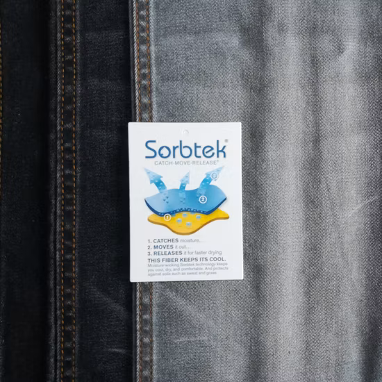 73,5%CTN 16%Sorbtek 9%Repreve 1,5%Tecido jeans Lycra